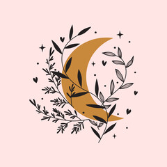 Celestial moon and abstract botanical branches.
