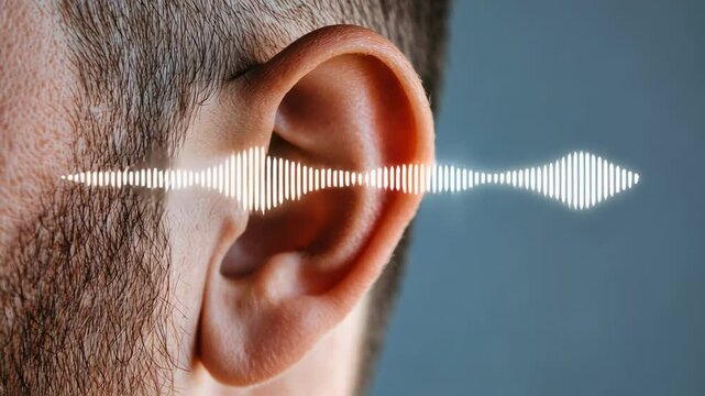 Sound waves illuminating inner ear anatomy, visualizing auditory perception through vibrant light and dynamic waveform representing human hearing process
