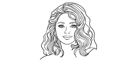 Line art, coloring page. Portrait of a beautiful girl with wavy hair