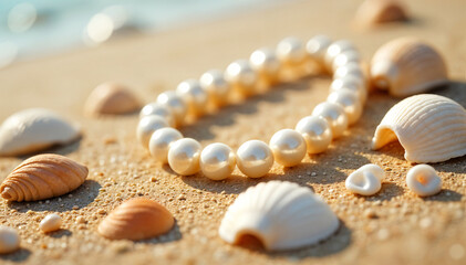 A pearl bracelet and gold rings lie on white sand with seashells.