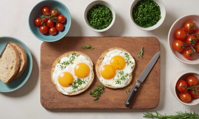 Elegant breakfast composition with fried eggs, tomatoes and aromatic herbs