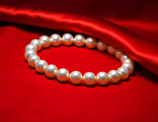 beautiful seawater pearl bracelet on a red background. Creative banner. Copyspace image