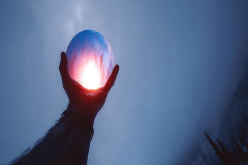 Surreal Hand Holding a Colorful Orb Against a Serene Forest Landscape at International Day of Forests