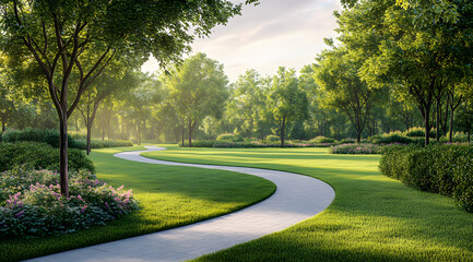 Peaceful park scene with a curved pathway.