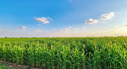 Lush Green Bajra Millet Plants Growing Tall Sunlit Field Rural Landscape Blue Sky Agriculture Farm Crop
