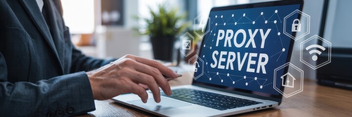Businessperson using a laptop with a proxy server interface.