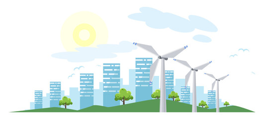 Obraz premium Clean electric energy concept. Renewable electricity resource from wind turbines. Ecological change of the future. City skyline and nature landscape on background