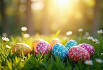 vibrant colorful easter eggs nestled among lush garden grass bright sunny day, rainbow, lgbtq, lgbt, pride, love, equality, spring, holiday, hunt, nature