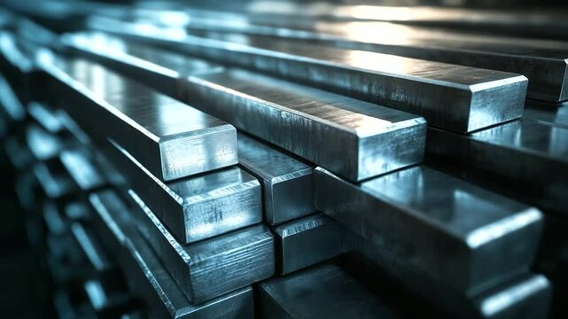 Close-up of precision-cast beryllium metal bars stacked tightly in rows, edges clean and uniform, set in a sterile laboratory warehouse.
