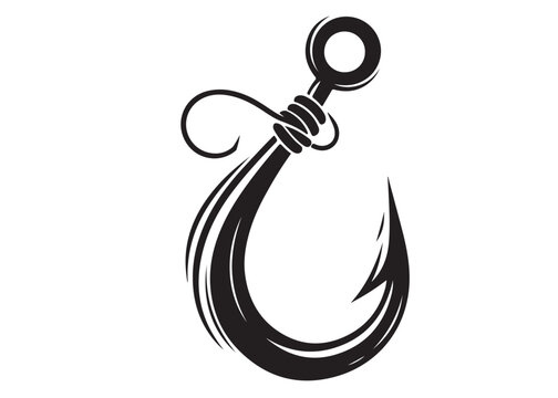 fishing hook logo silhouette vector, fishing hook logo icon silhouette, a silhouette vector simple fishing hook logo, fishing hook logo icon on black and white vector silhouette on white background 