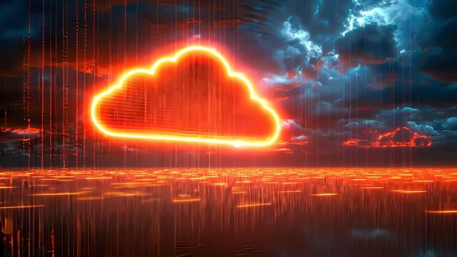 Futuristic red cloud computing data visualization set against a moody digital storm background