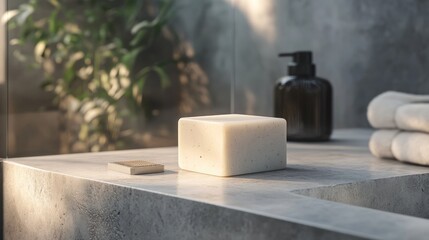Spa Relaxation: Cube Soap, Dispenser, Towels on Concrete