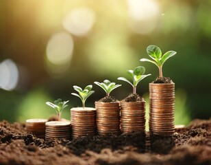 Stacks of coins with growing plants on top, symbolizing financial growth and investment in a natural environment.
