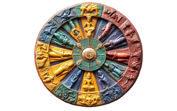 A Symbolic Wheel of Samsara Illustrating the Endless Cycle of Life, Death, and Rebirth Isolated on transparent background.