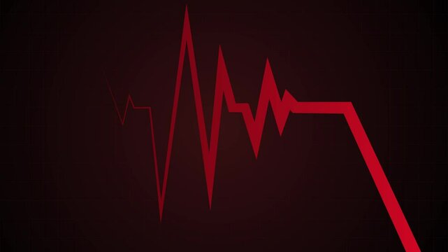 Stop motion. Animation. Heartbeat line morphs into falling red arrow on dark grid, showing sudden economic flatline. Concept of downturn, crisis mode, emergency slowdown, collapse, instability.