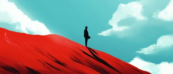 Silhouette of a thoughtful adult man standing on a red hill under a bright blue sky with clouds Concept of ambition, success, and leadership