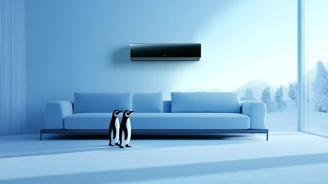 Artfully designed living space with minimalist furniture, blue sofa centerpiece, and mounted air conditioner. Snow on the floor surrounds two curious penguins, blending whimsy with