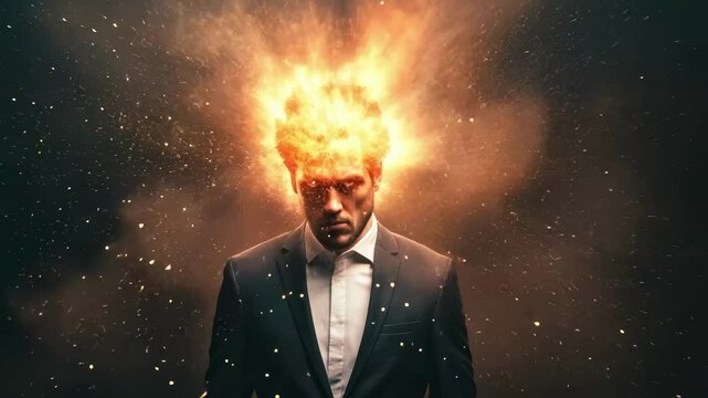 Businessman's head enveloped in intense heat and swirling smoke, powerfully visualizing overwhelming professional stress, mental exhaustion, and information overload