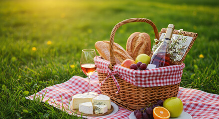 Perfect picnic basket summer and spring fun delicious food fresh fruit and rosé wine delightful outdoor feast