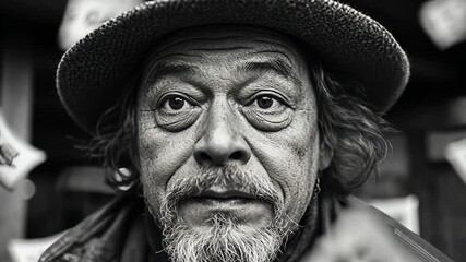Close-up black and white portrait of a mature man with a beard wearing a hat, surrounded by falling papers. Dramatic lighting and intense gaze - Powered by Adobe