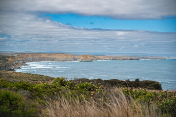 Hign angle view of sea cliffs along Great Ocean Road, Port Campbell, Victoria, Australia