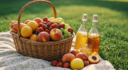 Perfect picnic basket summer and spring fun delicious food fresh fruit and rosé wine delightful outdoor feast