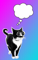 Halftone black and white cat thinking bubble spectrum collage design background