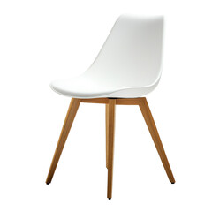 Modern white plastic chair with wooden legs, featuring a minimalist design and cut-out armrests, perfect for contemporary interiors