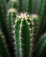 an image of a cactus plant with many spikes and a small flower, there is a cactus with many spikes on it