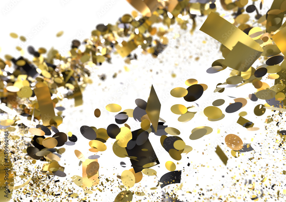 Poster celebrate with this stunning image of gold and black confetti exploding. perfect for party invitatio