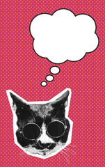 Halftone black and white cat head wearing sunglasses thinking bubble collage design