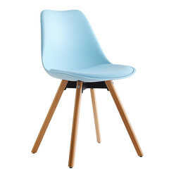 Light blue modern plastic chair with wooden legs, featuring a minimalist and elegant design for stylish living spaces