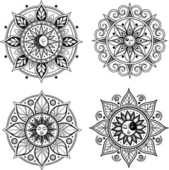 A vector set presents ornamental and decorative elements with a floral design, showcasing a vintage style perfect for wallpaper and textile patterns