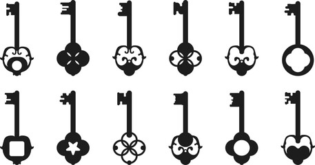 Collection of antique key silhouettes. Medieval and modern keys, black vintage. Vector