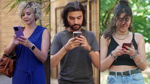 Multiscreen showing two young women and one young man intensely using smartphones, reacting to exciting concert news.