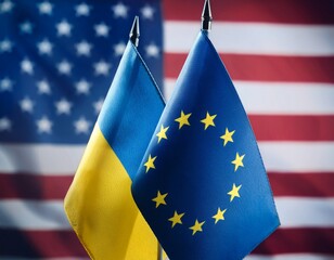 small ukraine and eu flag with usa flag background