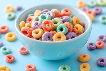 Bright, round cereal adorns the light blue surface of the bowl, the background and the spilled cereal create a pleasing visual harmony
