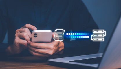 File Transfer Protocol files receiver and computer backup copy. File sharing isometric. Digital system for transferring documents and files online. Data Transfer concept. Document data for backup.