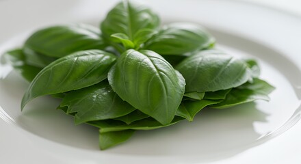 Fresh Basil Leaves on Plate Close Up Food Photography