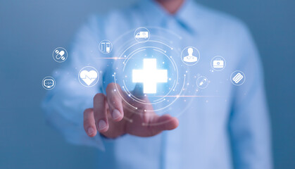 Tacking wooden blocks with healthcare icons, Health insurance health concept. Building a strong health system. Digital health innovation and the future of smart medical services through technology.