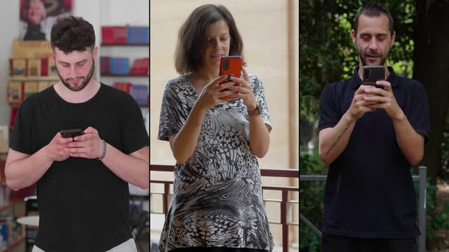 Multiscreen featuring two young men and one young woman using smartphones to plan a weekend road trip together.