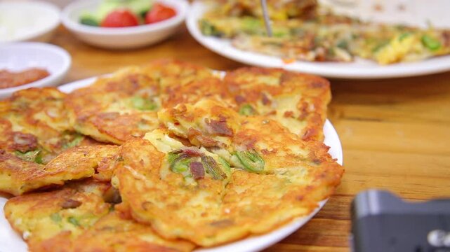 Mung bean pancake cut with chopsticks