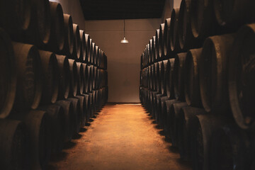 Rustic wine cellar with rows of stacked old barrels and a single hanging lamp. Warm and atmospheric interior. No people, authentic Spanish winery. High quality photo