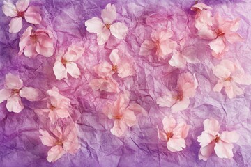Obraz premium Delicate pink cherry blossoms on crumpled purple paper.