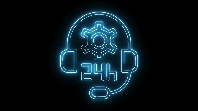 Neon style 247 customer service support illustration with gear on black background
