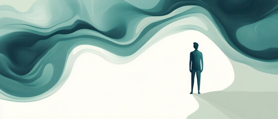 Silhouette of a man standing in abstract teal landscape, contemplating future opportunities and career path in a conceptual illustration