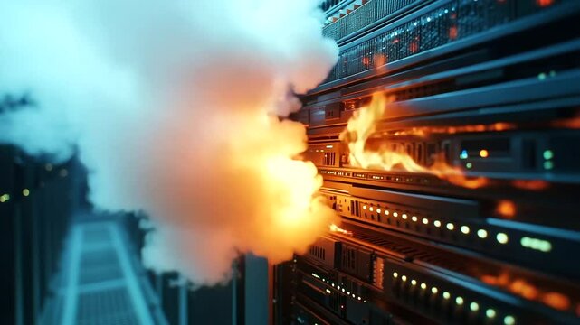 A server rack ablaze in a data center, with flames leaping from the hardware. Thick smoke billows out, creating an emergency situation that demands immediate attention to prevent m