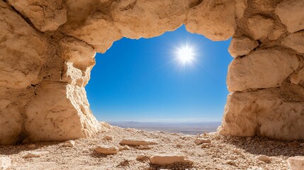 Looking Through Stone Opening at Bright Sun in Blue Sky Landscape