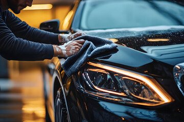A man cleaning car with microfiber cloth, car detailing (or valeting) concept. Car wash background.