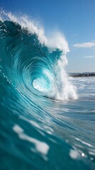 Powerful turquoise wave hollowing, ocean surf, beach background, perfect for surfing or travel promotional material